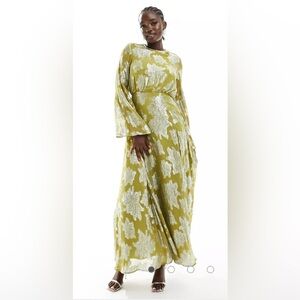 Metallic long sleeve midi dress with frill cuffs in chartreuse